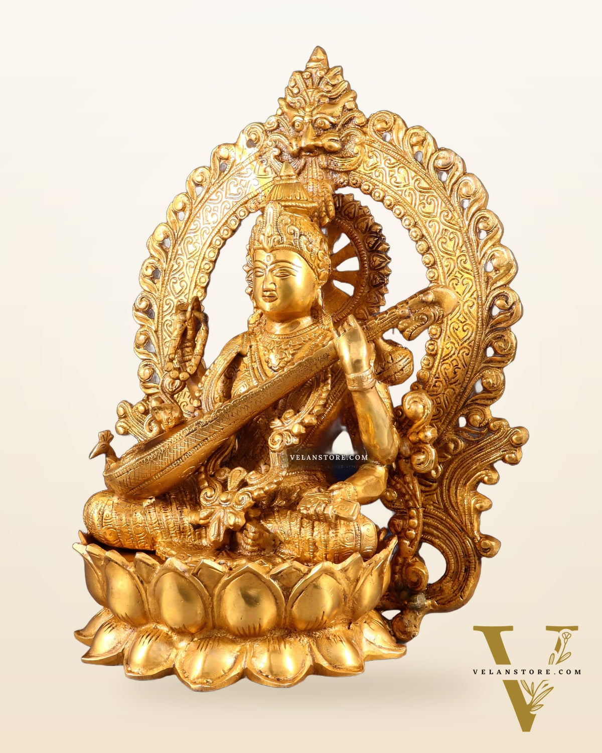 Pure Brass Goddess Saraswati with Prabhavali Arch Statue - 15"