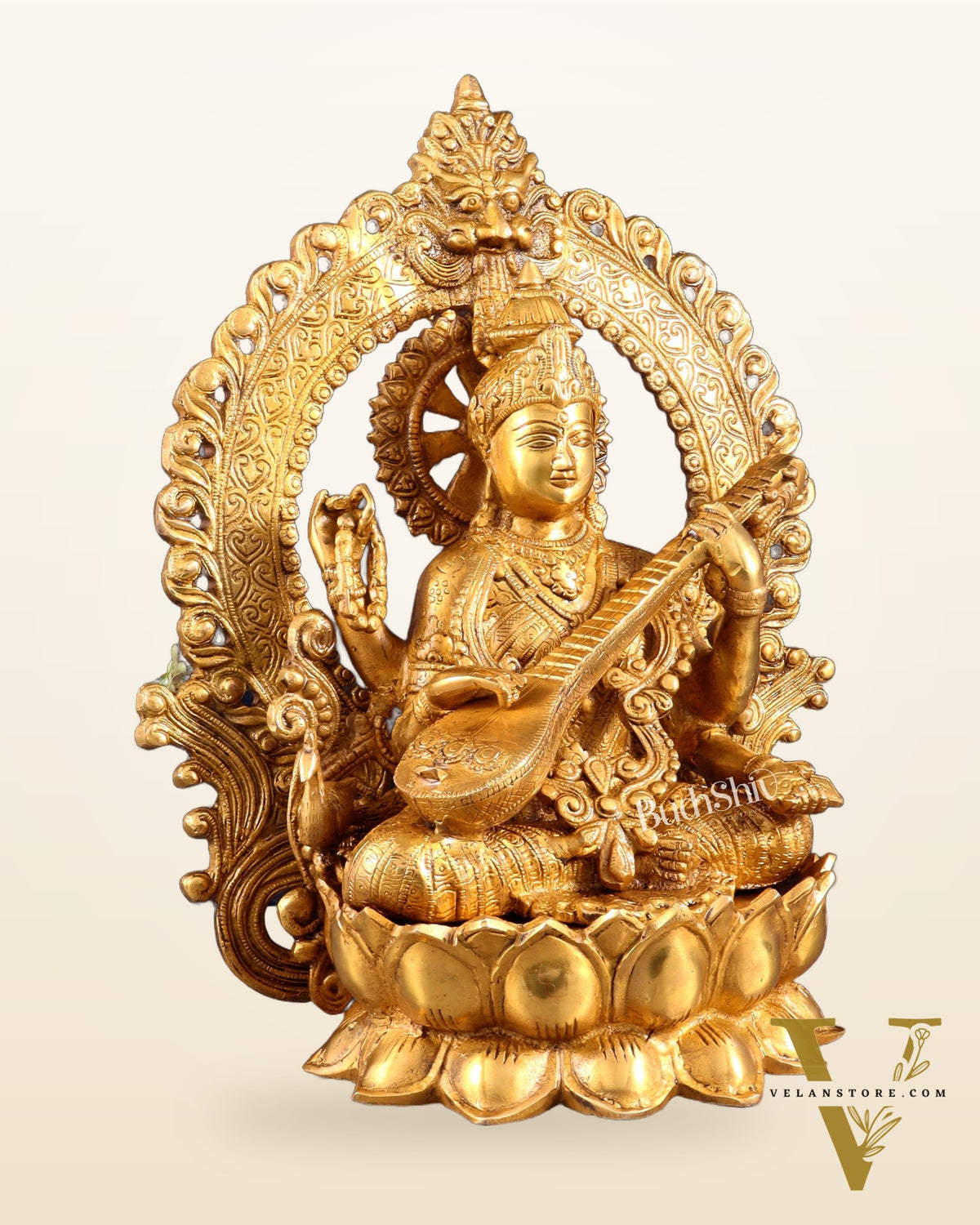 Pure Brass Goddess Saraswati with Prabhavali Arch Statue - 15"