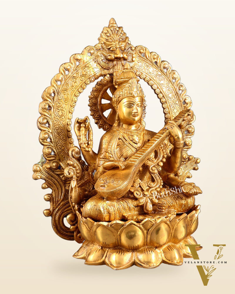 Pure Brass Goddess Saraswati with Prabhavali Arch Statue - 15"