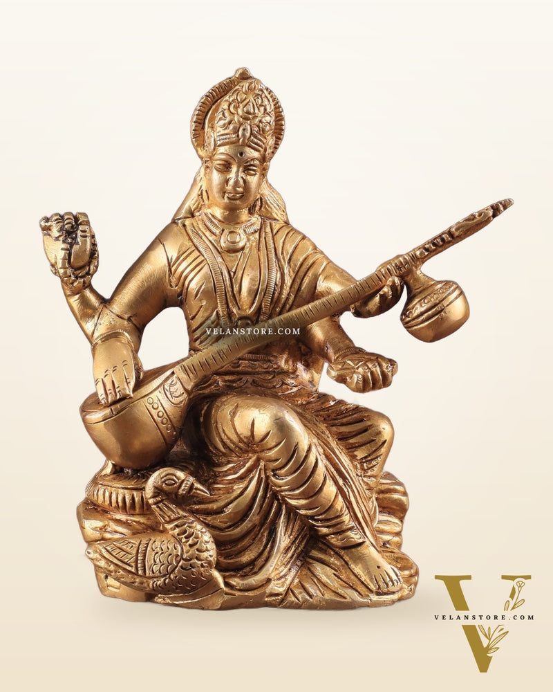 Pure Brass Goddess Saraswati with Swan Idol – 6" Handcrafted Statue