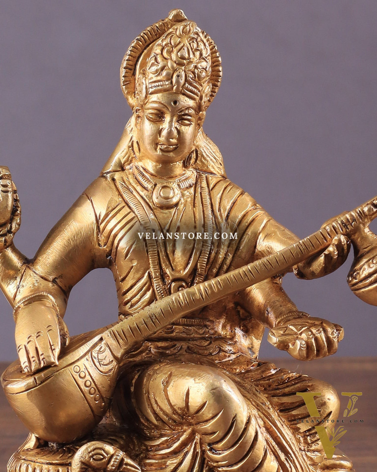 Pure Brass Goddess Saraswati with Swan Idol – 6" Handcrafted Statue