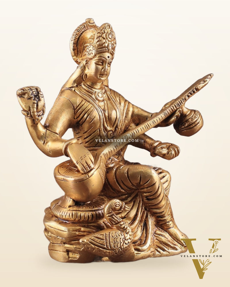 Pure Brass Goddess Saraswati with Swan Idol – 6" Handcrafted Statue