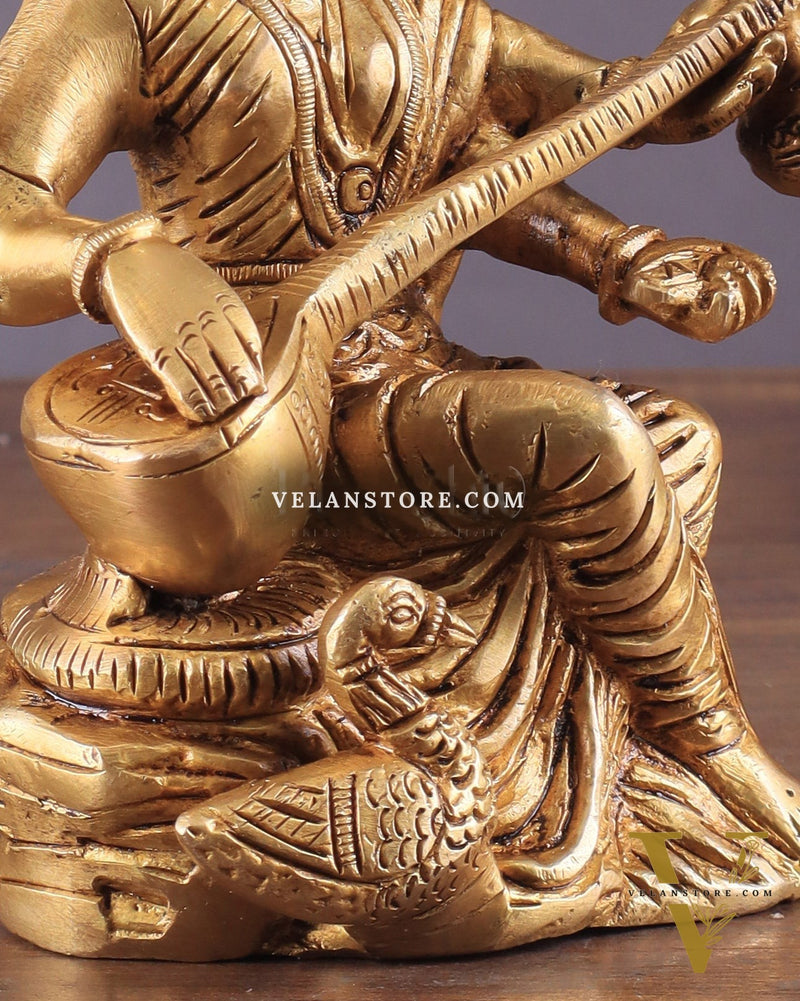 Pure Brass Goddess Saraswati with Swan Idol – 6" Handcrafted Statue