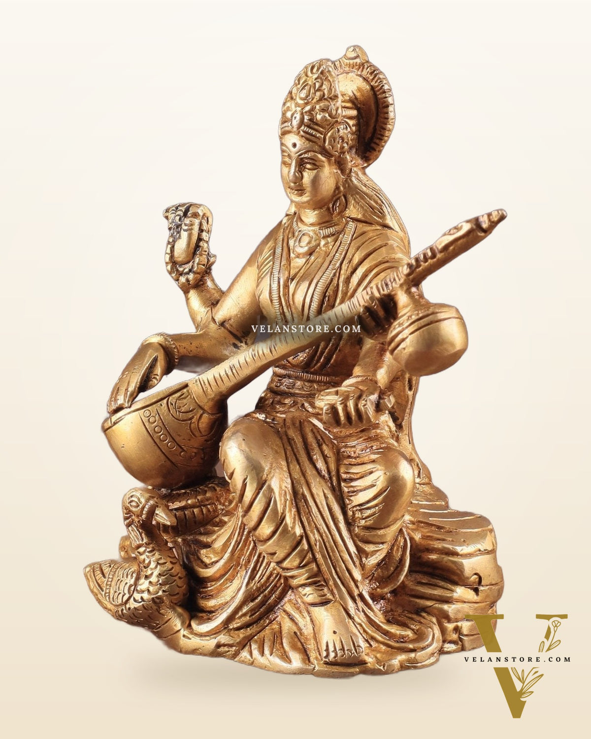 Pure Brass Goddess Saraswati with Swan Idol – 6" Handcrafted Statue