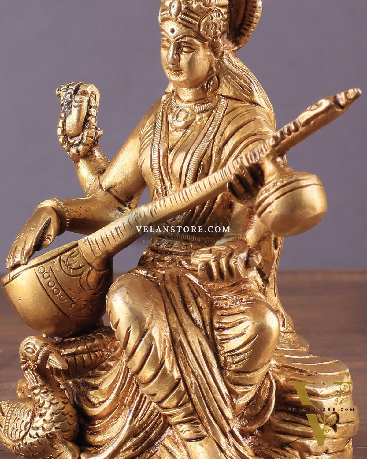 Pure Brass Goddess Saraswati with Swan Idol – 6" Handcrafted Statue
