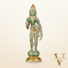 Pure Brass Goddess Uma Parvati Standing Idol in Green Antique Patina Finish - 10" Tall