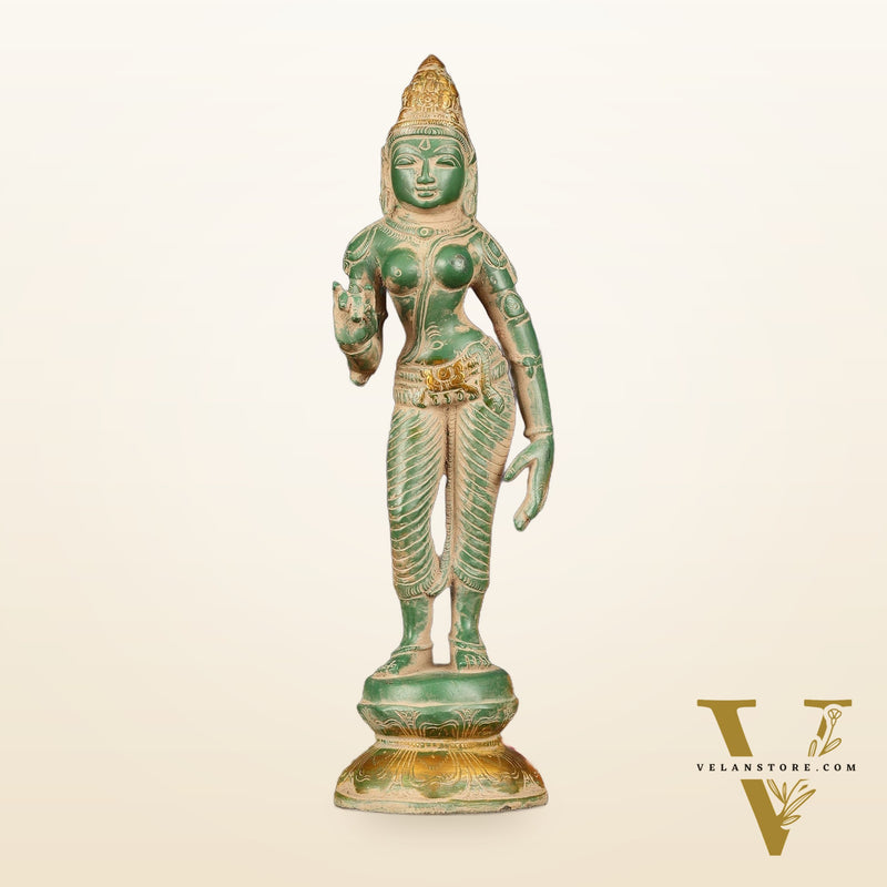 Pure Brass Goddess Uma Parvati Standing Idol in Green Antique Patina Finish - 10" Tall