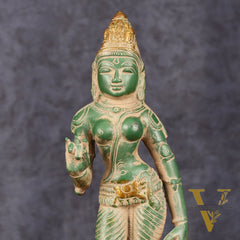 Pure Brass Goddess Uma Parvati Standing Idol in Green Antique Patina Finish - 10" Tall