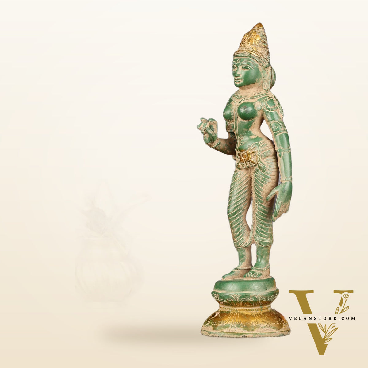 Pure Brass Goddess Uma Parvati Standing Idol in Green Antique Patina Finish - 10" Tall