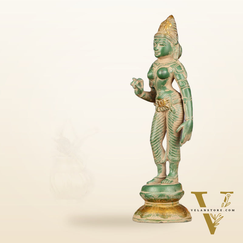 Pure Brass Goddess Uma Parvati Standing Idol in Green Antique Patina Finish - 10" Tall