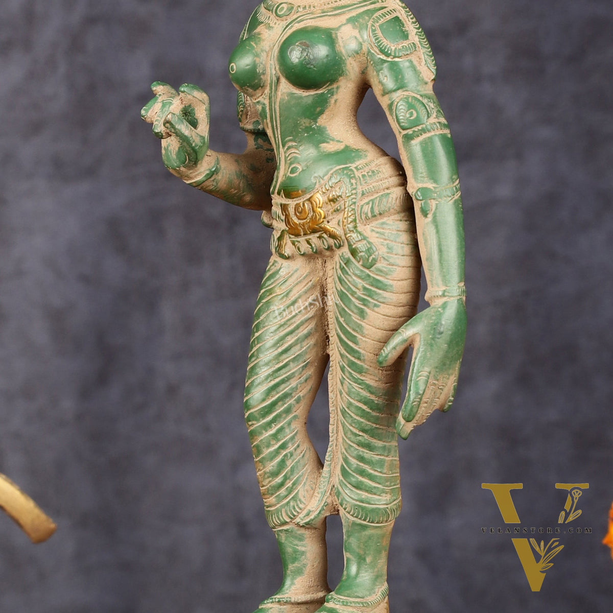 Pure Brass Goddess Uma Parvati Standing Idol in Green Antique Patina Finish - 10" Tall