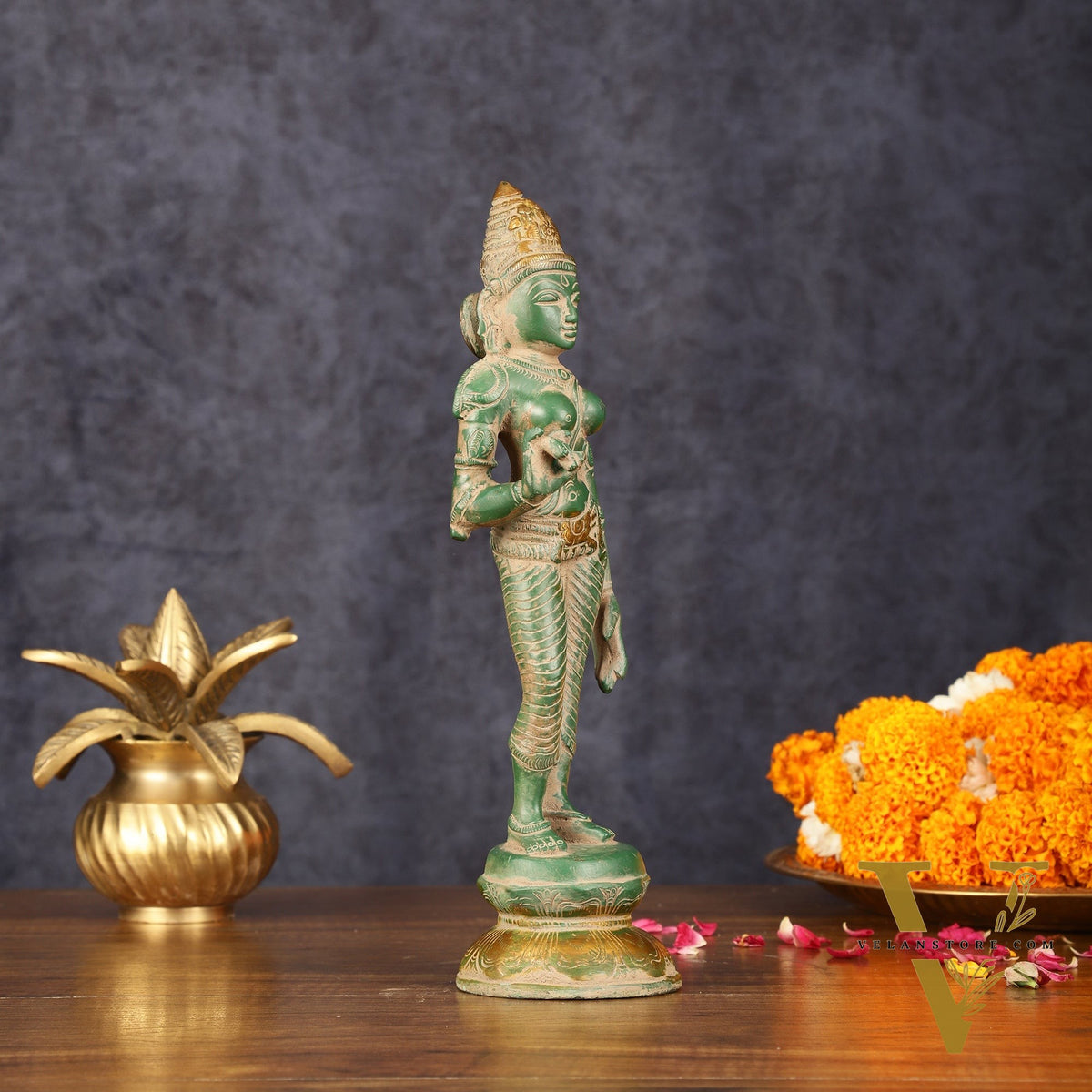 Pure Brass Goddess Uma Parvati Standing Idol in Green Antique Patina Finish - 10" Tall