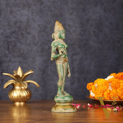 Pure Brass Goddess Uma Parvati Standing Idol in Green Antique Patina Finish - 10" Tall