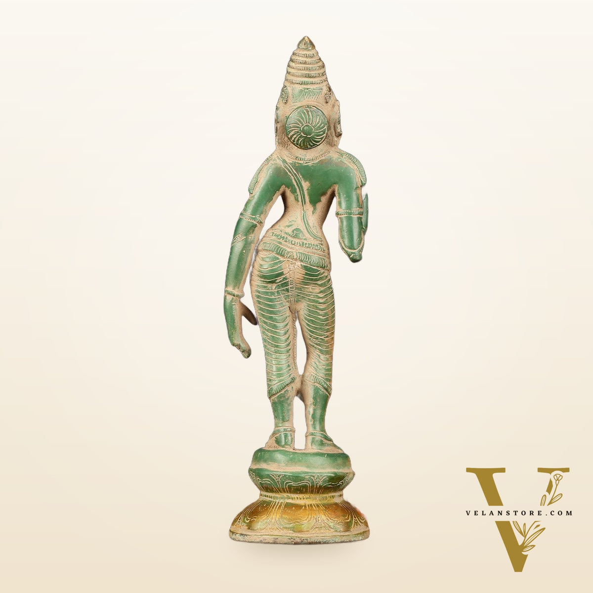 Pure Brass Goddess Uma Parvati Standing Idol in Green Antique Patina Finish - 10" Tall