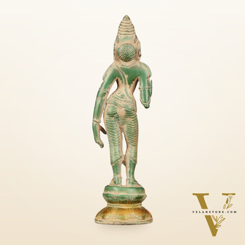 Pure Brass Goddess Uma Parvati Standing Idol in Green Antique Patina Finish - 10" Tall