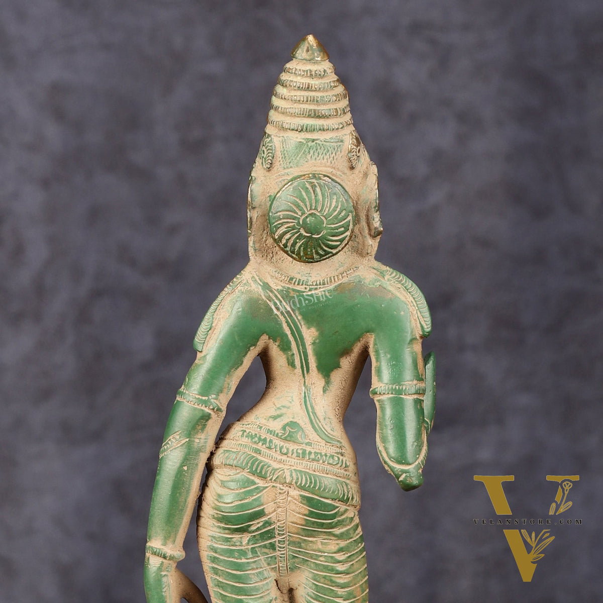Pure Brass Goddess Uma Parvati Standing Idol in Green Antique Patina Finish - 10" Tall