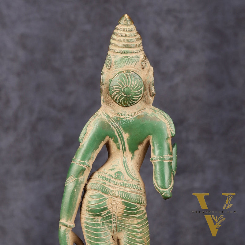 Pure Brass Goddess Uma Parvati Standing Idol in Green Antique Patina Finish - 10" Tall