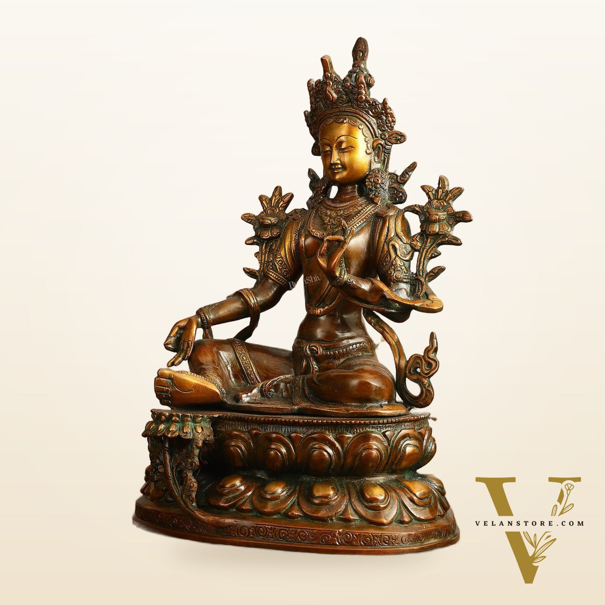 Pure Brass Green Tara Devi Statue - Nepali Orange Finish, 13" Height