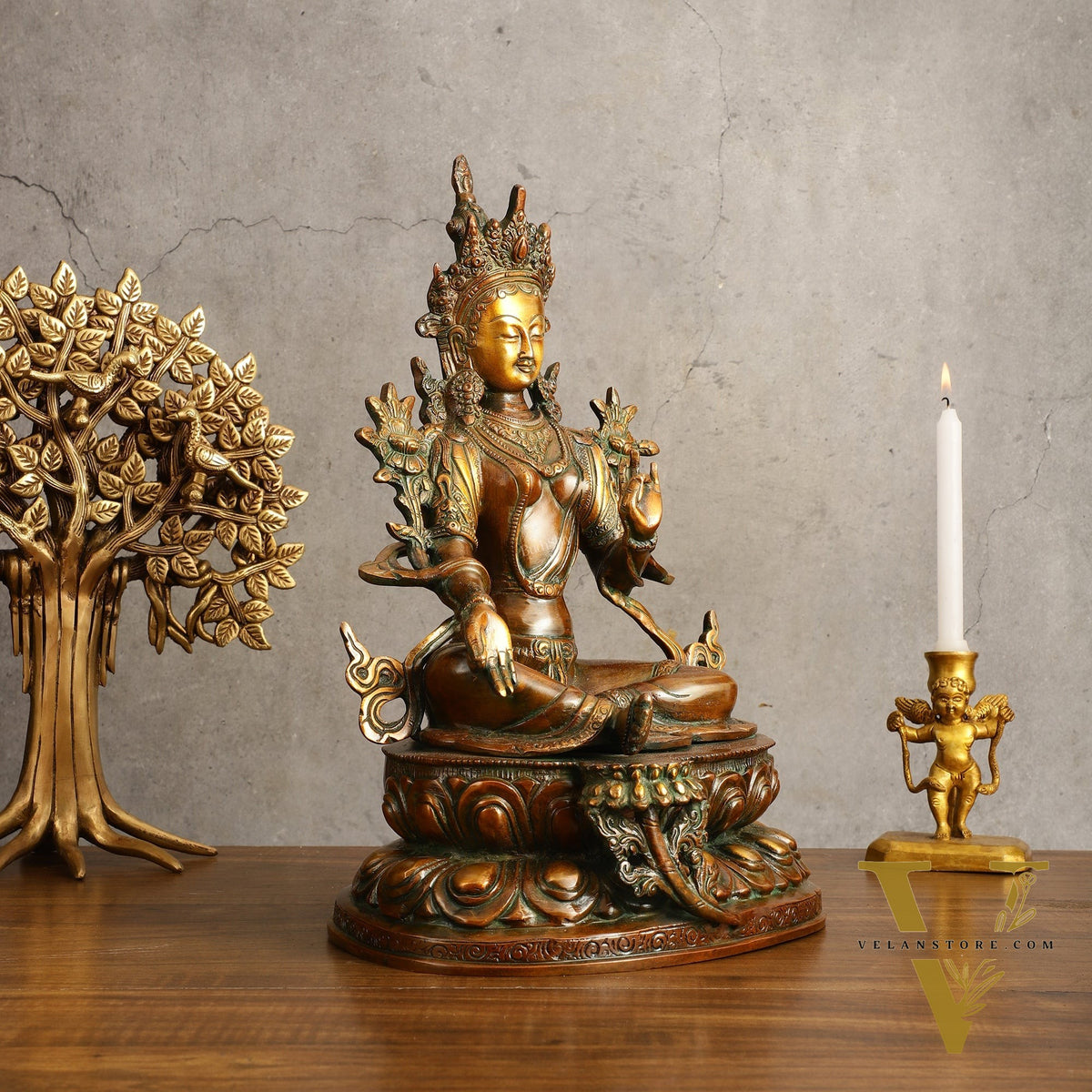 Pure Brass Green Tara Devi Statue - Nepali Orange Finish, 13" Height