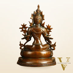Pure Brass Green Tara Devi Statue - Nepali Orange Finish, 13" Height