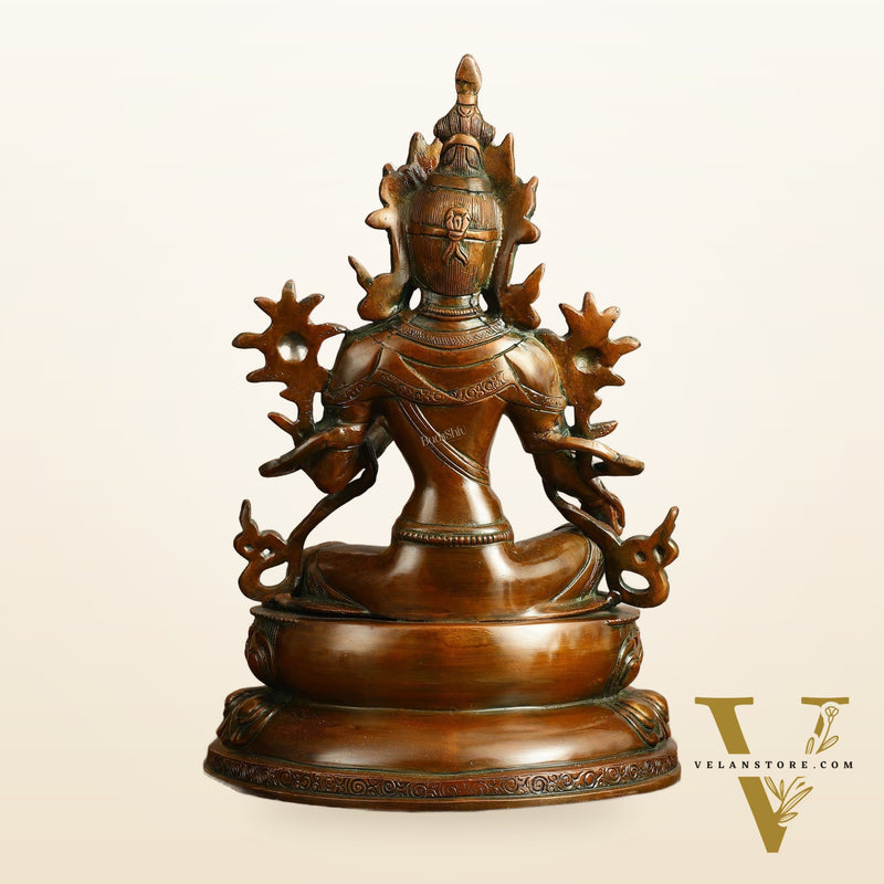 Pure Brass Green Tara Devi Statue - Nepali Orange Finish, 13" Height