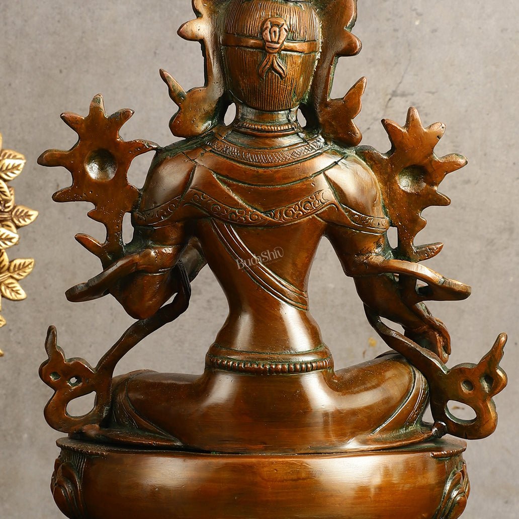 Pure Brass Green Tara Devi Statue - Nepali Orange Finish, 13" Height
