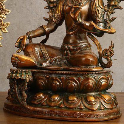 Pure Brass Green Tara Devi Statue - Nepali Orange Finish, 13" Height