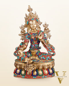 Pure Brass Green Tara Statue | 14" floral stonework