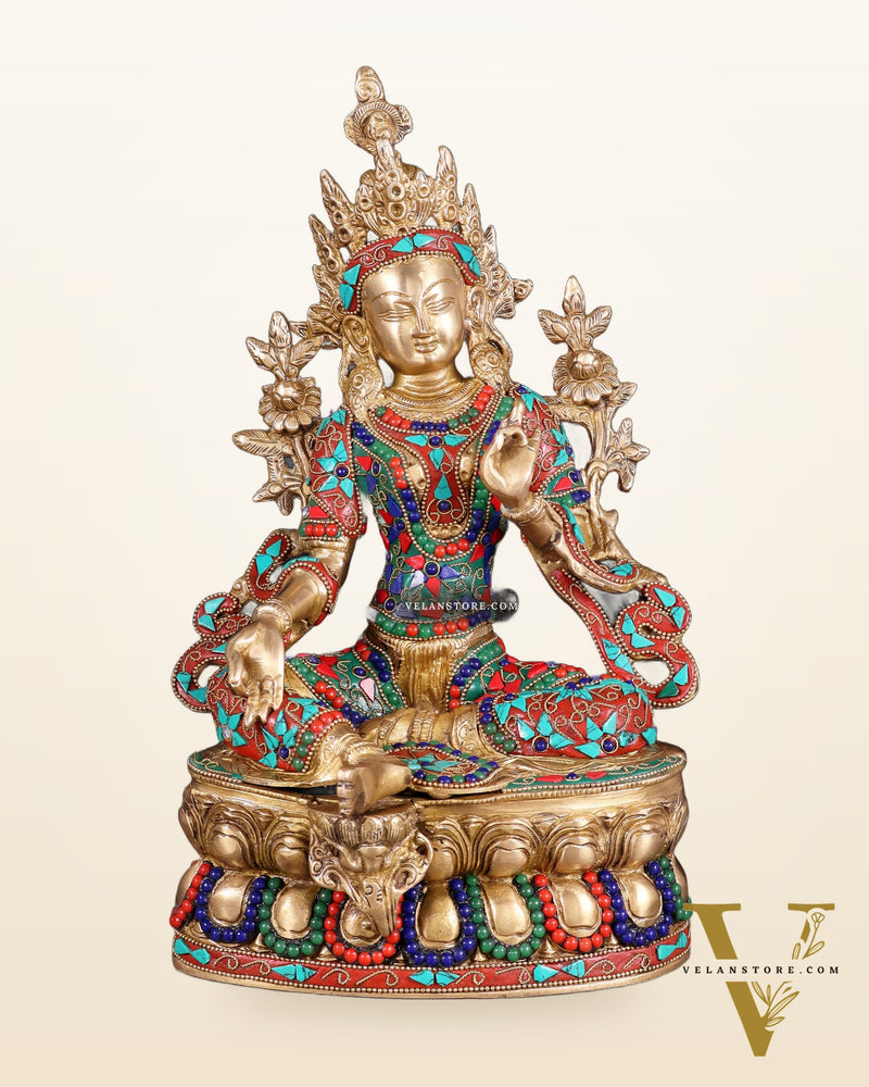 Pure Brass Green Tara Statue | 14" floral stonework