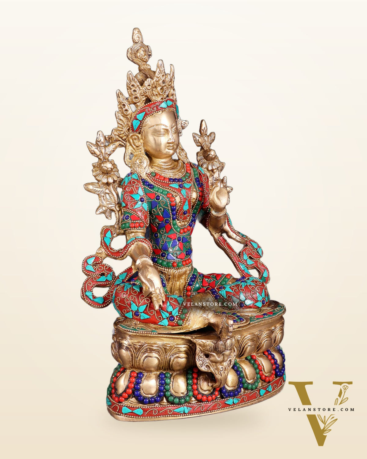Pure Brass Green Tara Statue | 14" floral stonework