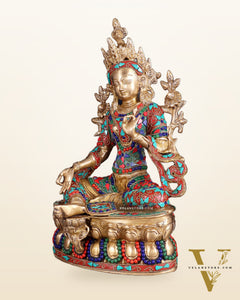 Pure Brass Green Tara Statue | 14" floral stonework