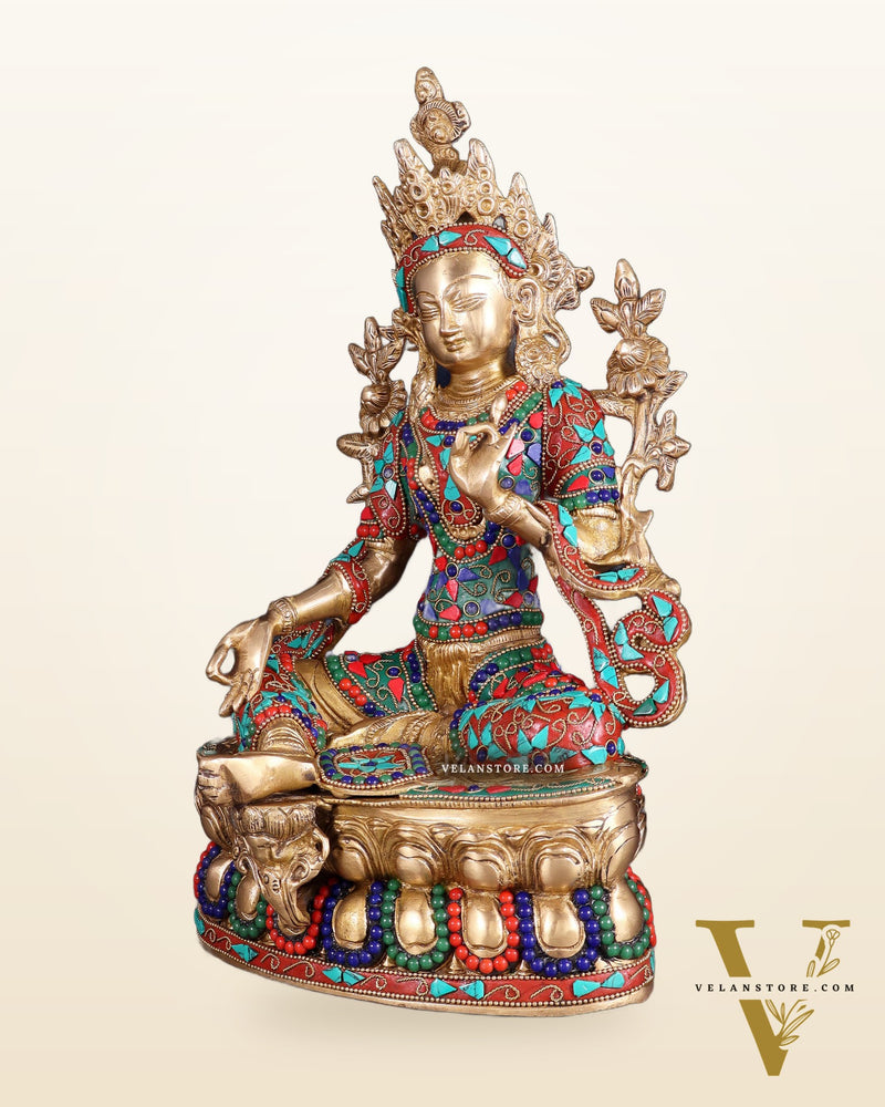 Pure Brass Green Tara Statue | 14" floral stonework