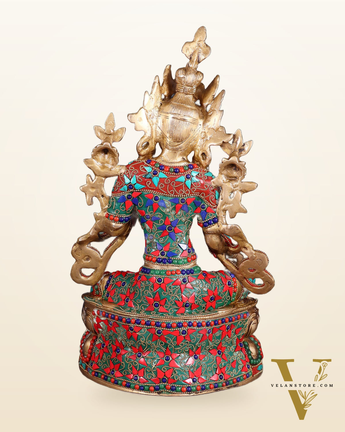 Pure Brass Green Tara Statue | 14" floral stonework