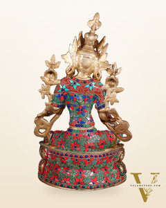 Pure Brass Green Tara Statue | 14" floral stonework