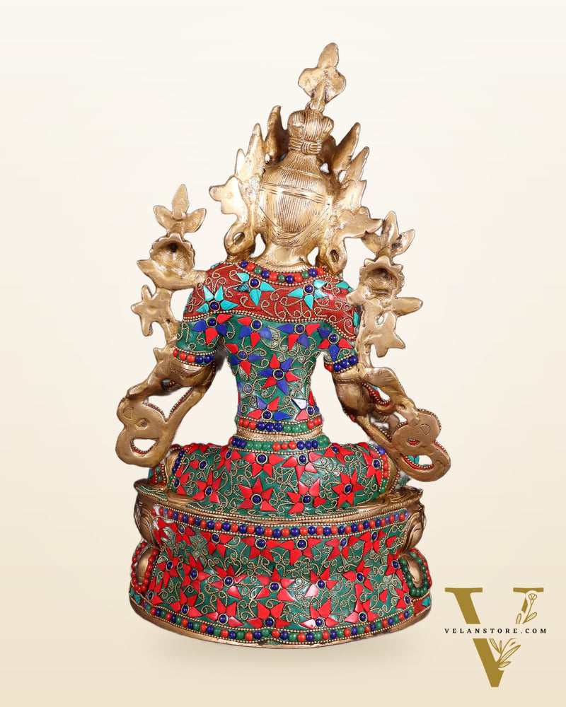 Pure Brass Green Tara Statue | 14" floral stonework