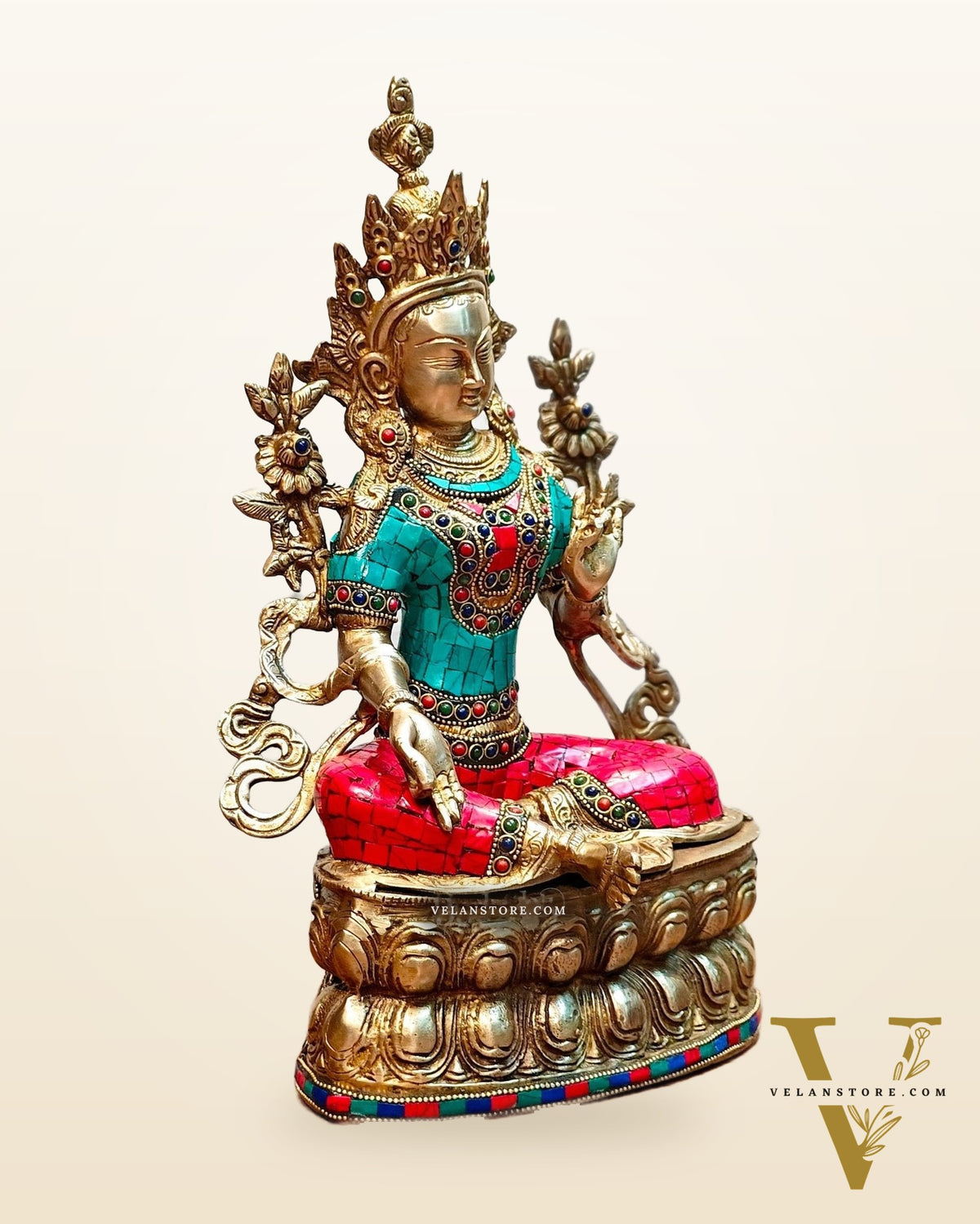 Pure Brass Green Tara Statue | 14 inches Height
