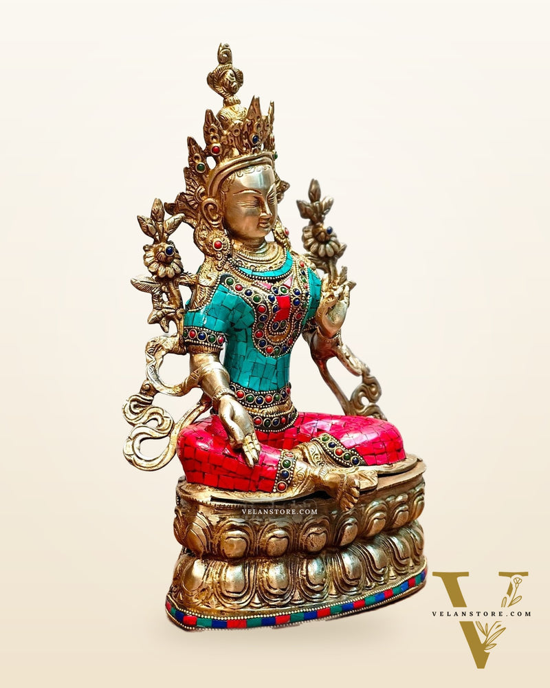 Pure Brass Green Tara Statue | 14 inches Height