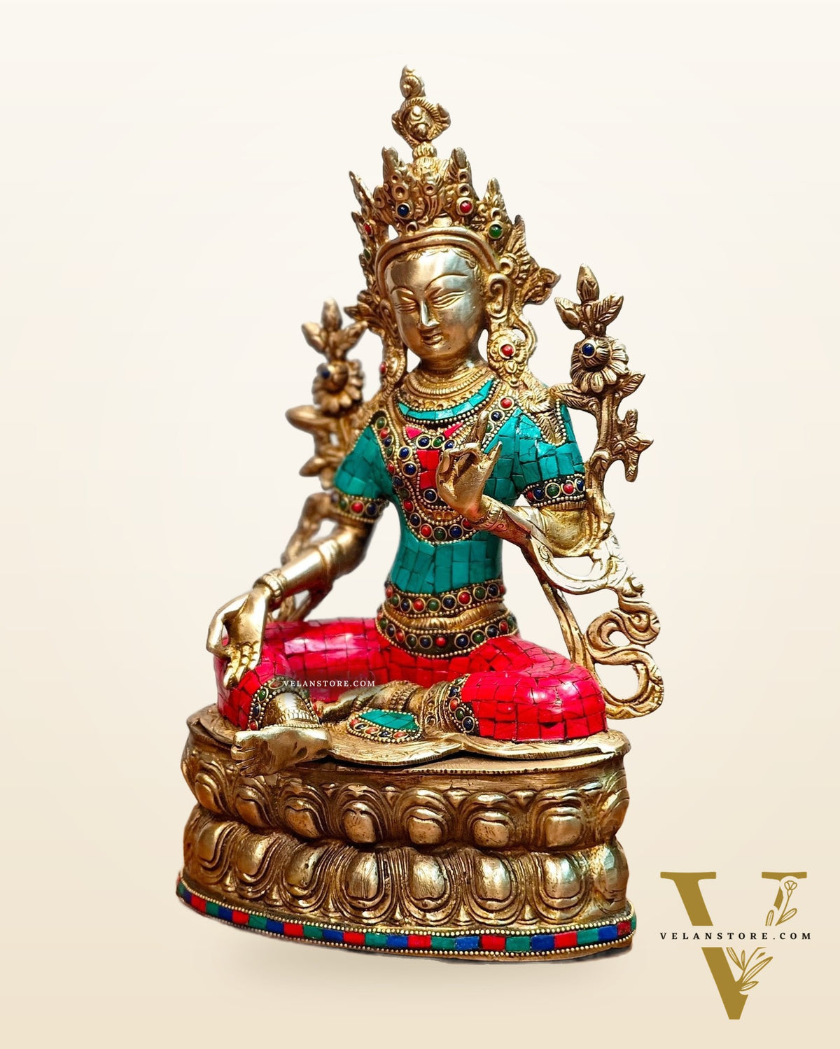 Pure Brass Green Tara Statue | 14 inches Height