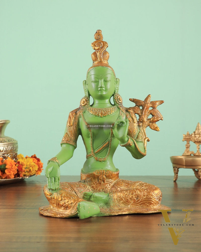 Pure Brass Green Tara Statue with Antique Sand Finish Henna Touch 10.5"