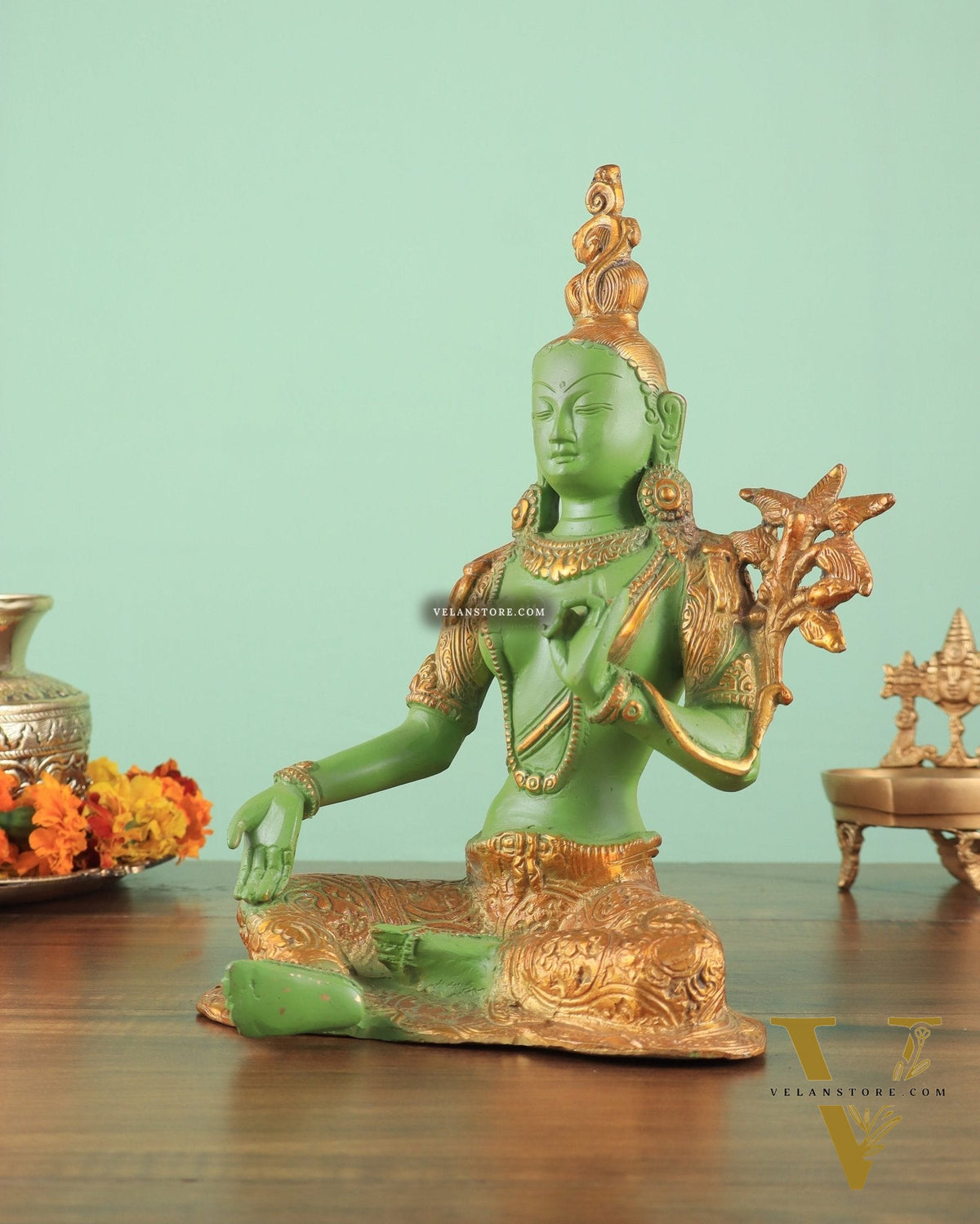Pure Brass Green Tara Statue with Antique Sand Finish Henna Touch 10.5"