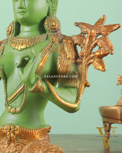 Pure Brass Green Tara Statue with Antique Sand Finish Henna Touch 10.5"