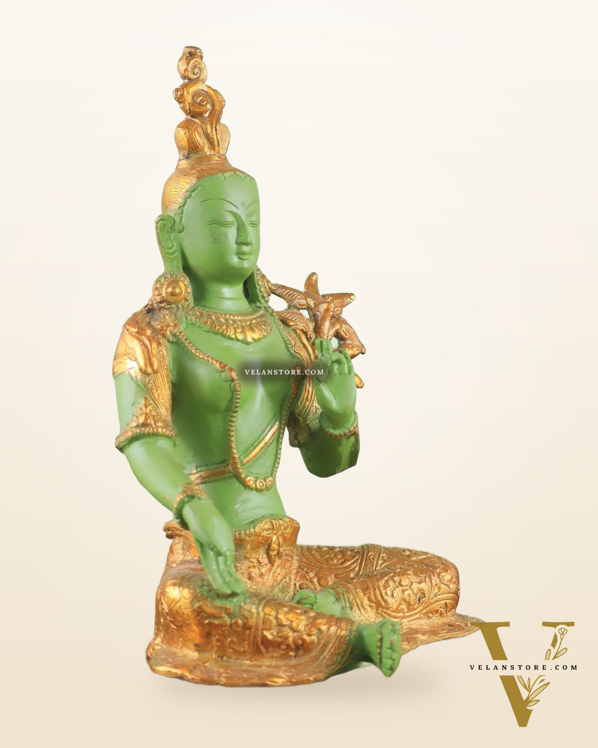 Pure Brass Green Tara Statue with Antique Sand Finish Henna Touch 10.5"