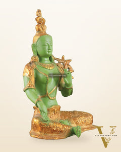 Pure Brass Green Tara Statue with Antique Sand Finish Henna Touch 10.5"