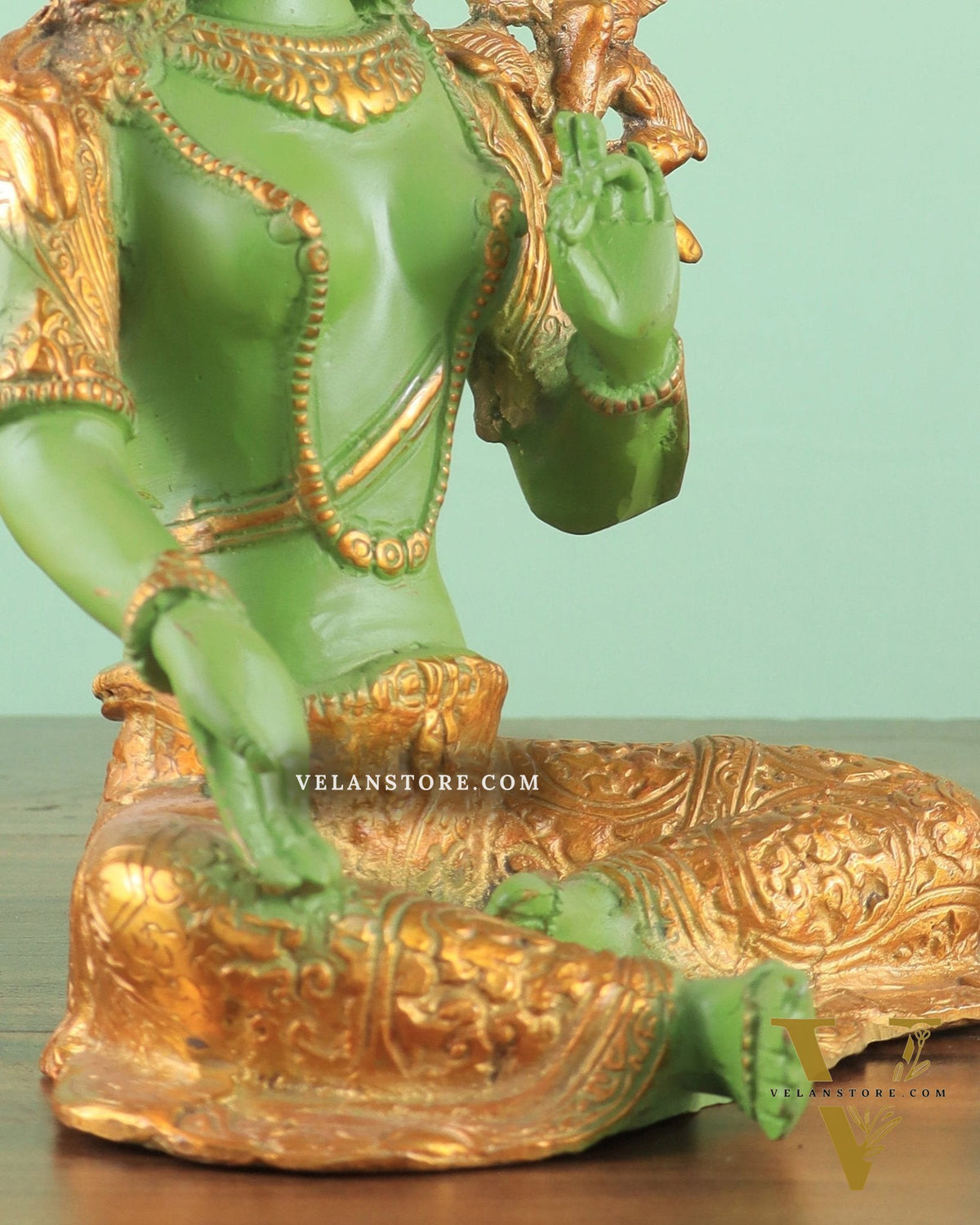 Pure Brass Green Tara Statue with Antique Sand Finish Henna Touch 10.5"