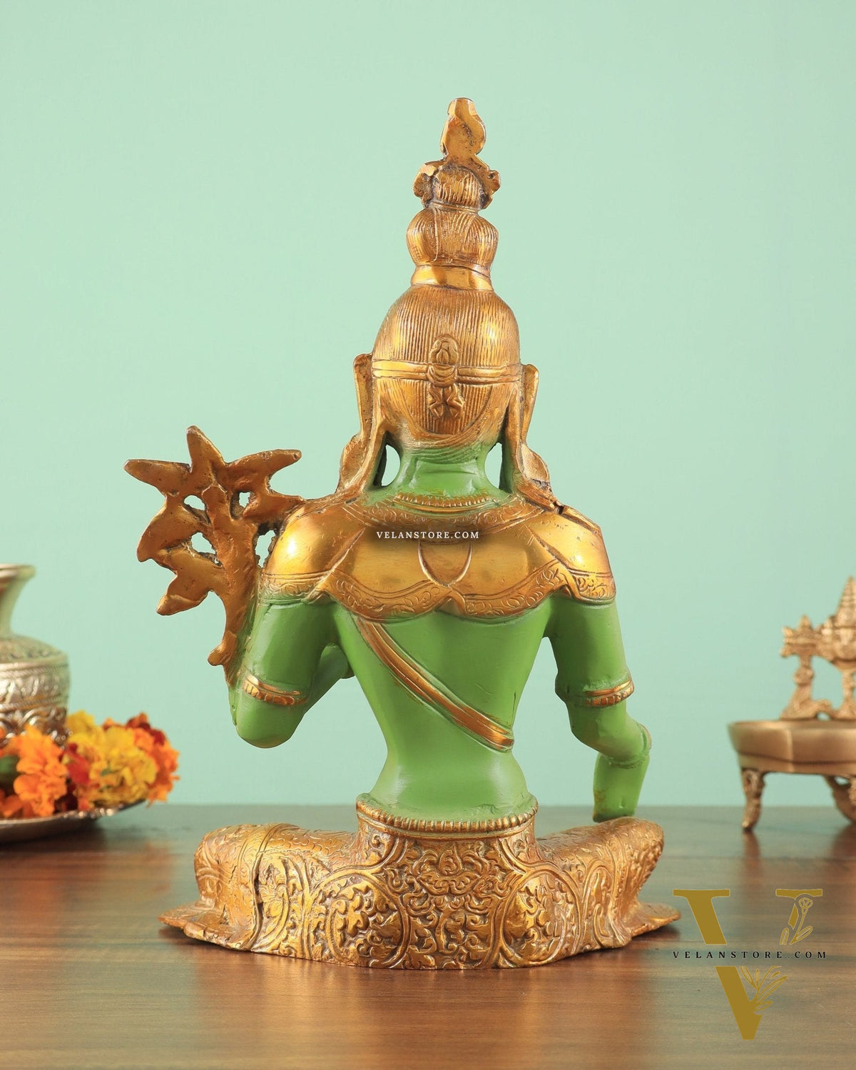 Pure Brass Green Tara Statue with Antique Sand Finish Henna Touch 10.5"