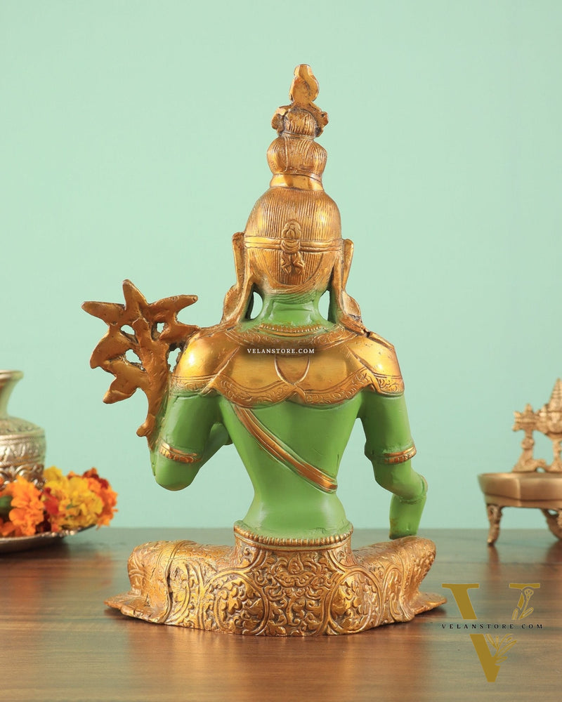 Pure Brass Green Tara Statue with Antique Sand Finish Henna Touch 10.5"