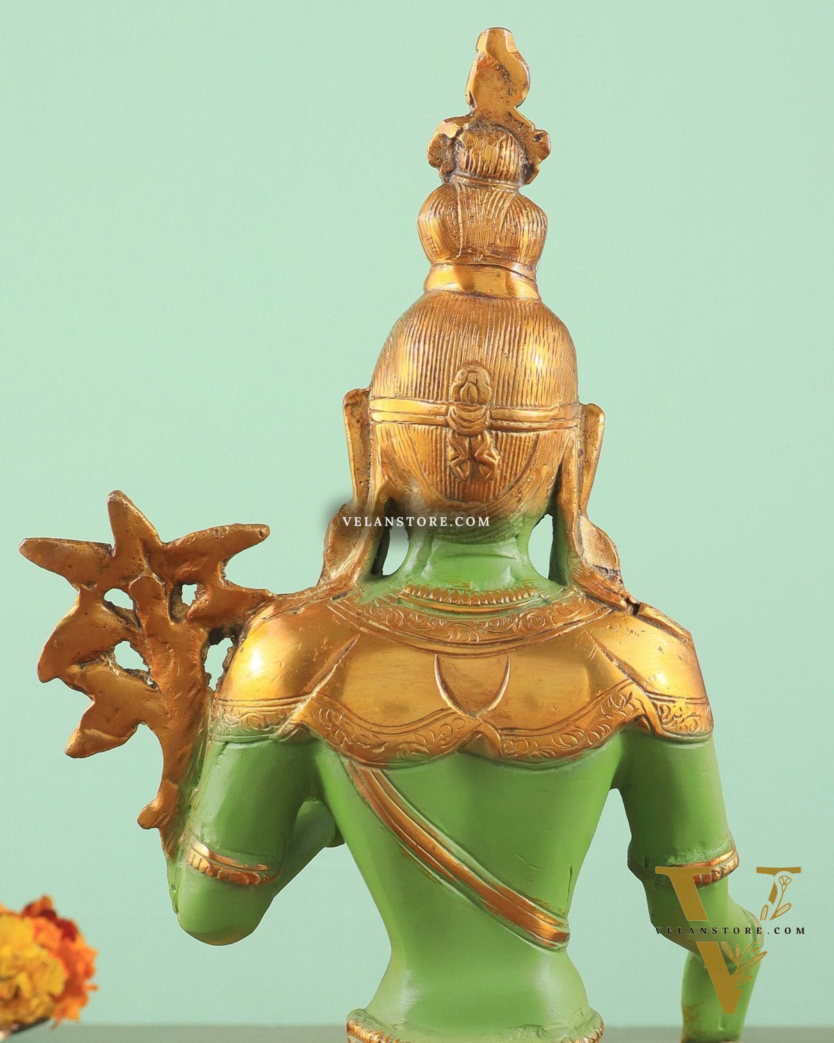 Pure Brass Green Tara Statue with Antique Sand Finish Henna Touch 10.5"