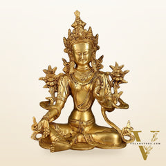 Pure Brass Green Tara Statue with Golden Hue | 10 Inch Height