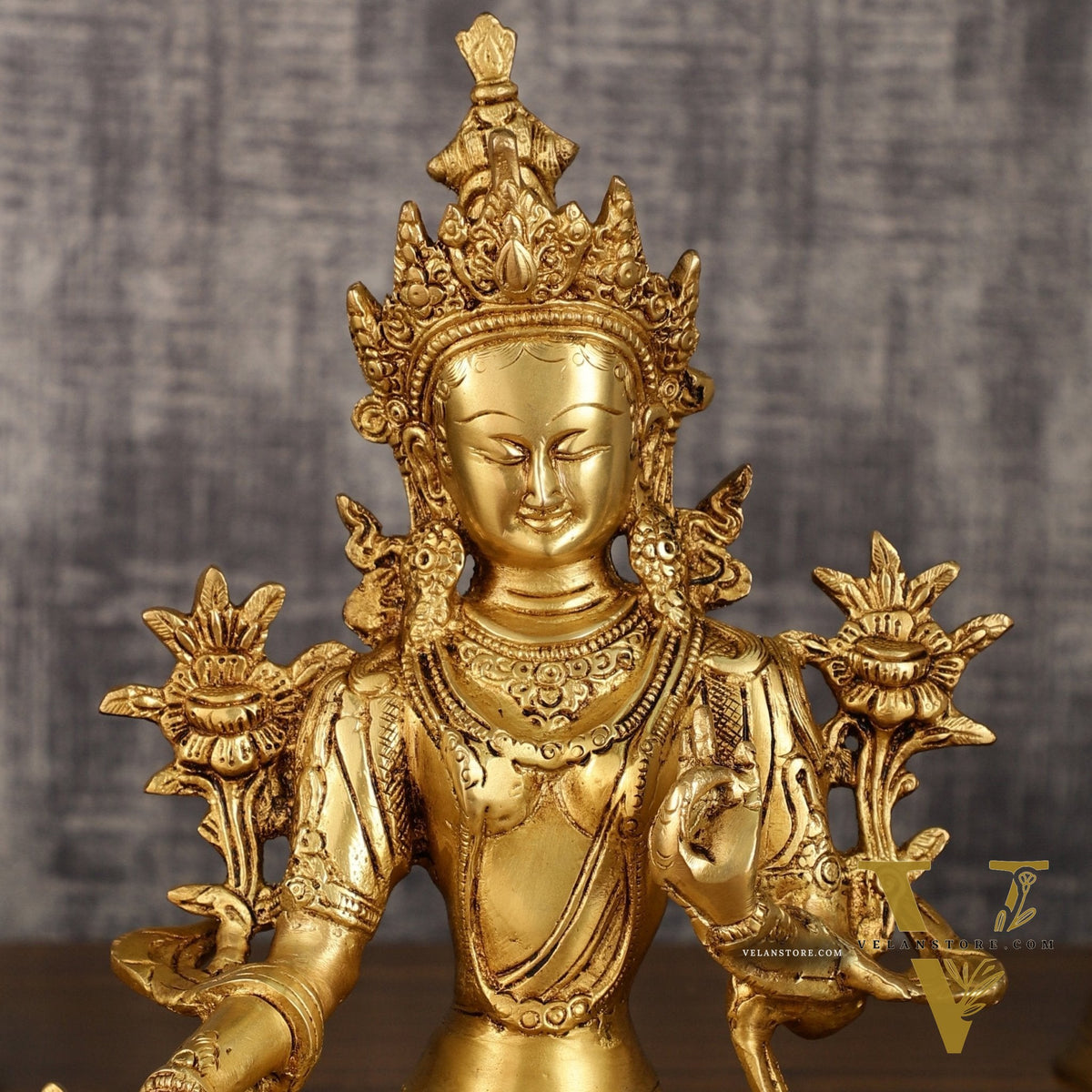 Pure Brass Green Tara Statue with Golden Hue | 10 Inch Height