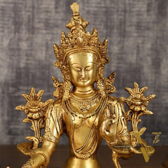 Pure Brass Green Tara Statue with Golden Hue | 10 Inch Height